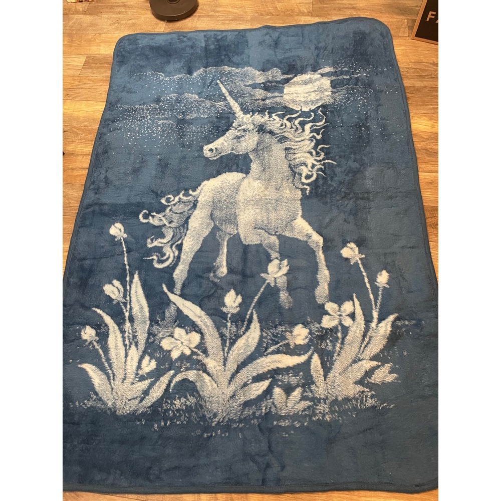 VTG San Marcos Unicorn Blanket Blue White Reversible Throw 53x78 Mexico